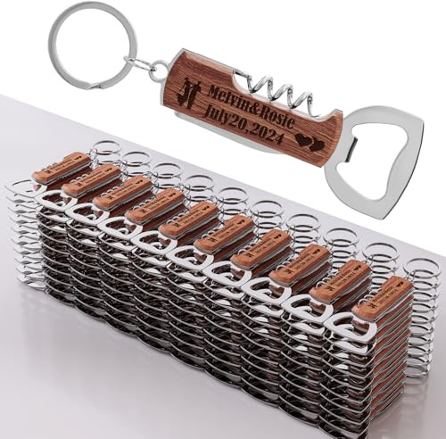 100pièces Décapsuleur en bois de rose multifonctionnel personnalisé pour les fêtes de mariage, cadeaux de mariage pour les invités, porte-clés décapsuleur gravé.