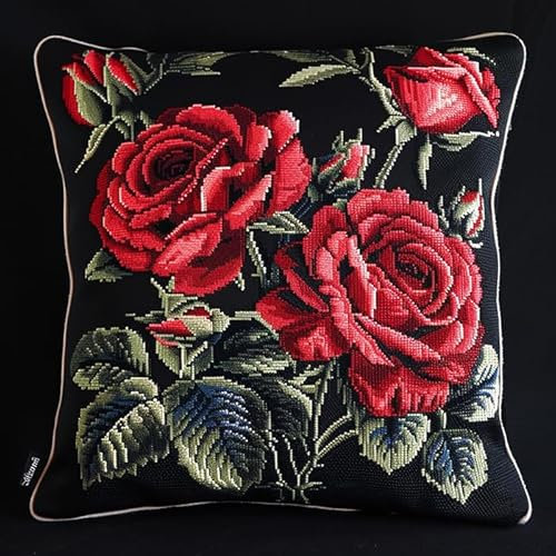 AxiangziK Kreuzstich Set Vorgedruckt,rote Rose Blume,Gobelin Stickbilder Kreuzstich Kissen Stickkissen Kreuzstichkissen/Stickkissen-Set,45x45cm