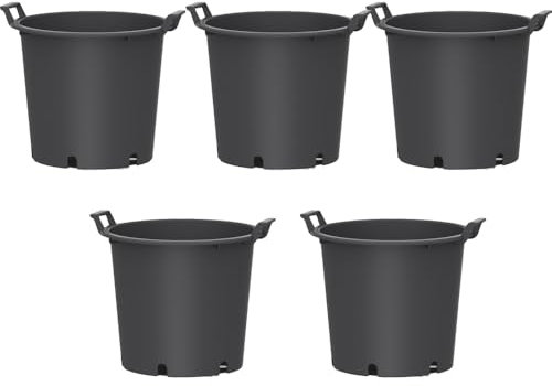 5 Macetas Exterior Grandes para Frutales, con Asas - Ø45x33 cm - Cultivo de Citricos, Huerto Urbano, Arbustos y Plantas Verdes- Drenaje Profesional Tipo Estrella - Plastico PE - Negro Mate