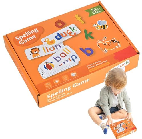 Spelling Games, Wooden Educational Puzzles Kids, 9.84x7.09x1.77 Inches, Alphabet Word Learning Toy, Safe Smooth Wood Blocks for Toddler Ages 3, 6 Boys and Girls, Multicolor