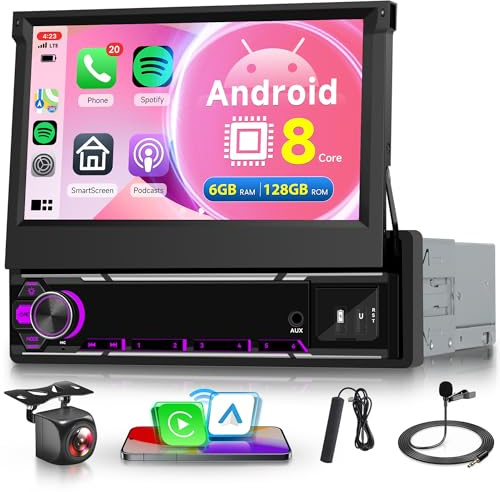 6G+128G 8 Core Wireless Carplay Android Autoradio 1 Din mit Android Auto 4G SIM WiFi BDS GPS Navi 7 Zoll Ausfahrbares Touchscreen Autoradio mit Mirror Link Bluetooth AM/FM/RDS DSP/SWC Rückfahrkamera