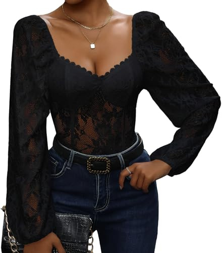 AIEOE Body en dentelle pour femme avec col carré et manches ballon, élégant, à manches longues, avec bonnet à armatures, sexy, transparent, pour fête, clubwear, noir, blanc, taille S à XL