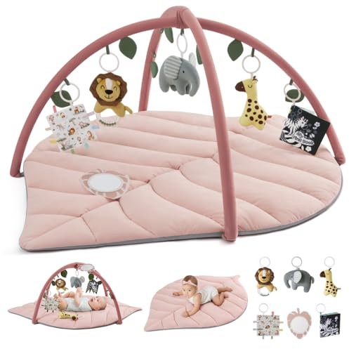 Blissful Diary Gimnasio Bebe, Manta Actividades Bebe De Forma De Hoja Con Arco Desmontable Y 6 Juguetes, Manta Juegos Bebe Para Desarrollo Sensorial Y Motor, Regalo Esencial Para Bebés, Rosa Cristal