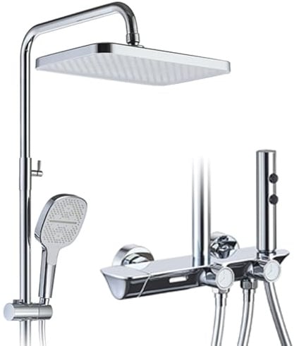 OihPaw Duschsystem, Chrom-Duschsystem mit Thermostat, Dusche komplett | 4-in-1-Duschsäulen-Set mit 320 × 220 mm großer Regendusche, Duschset mit Duschkopf, Duschgarnitur mit Regendusche
