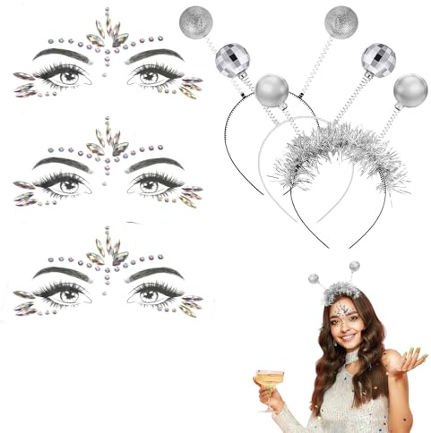 Alien Haarreif Set 3 Stück mit Glitzer Gesichtsstickern – Weltraum Kostüm Zubehör in verschiedenen Designs für Karneval, Halloween, Mottoparty und Festival