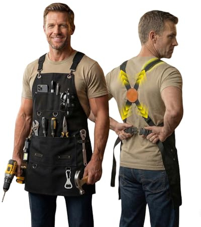 Heavy Duty Canvas Tool Aprons for Men: 6-Pocket, with Quick-Release Buckle, Ergonomic X-Cross Back, Adjustable Waist 28–71, Mechanics Apron for Men, Ideal for Woodworking, Workshop, DIY & Carpentry