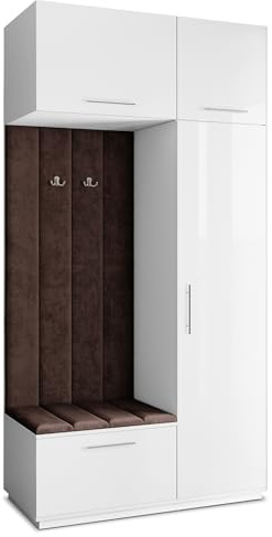 Masseno Flugarderoben Set Rema, Kleiderschrank-Set mit Sitzbank, Garderobenschrank Flur mit 5 Regalböden, Weiß