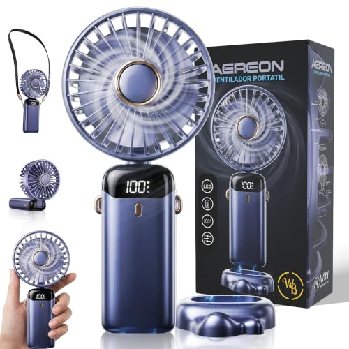 WB® | Ventilador de Mano Portatil Plegable Con Correa Para Cuello | Ventilador de Mano Silencioso De Mesa Con Soporte Para Movil | 5 Aspas y 5 Velocidades | Recargable Para Playa y Oficina pequeña