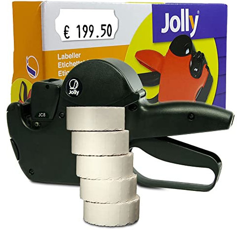 Preisauszeichner Set Jolly C8 inkl. 5 Rollen 26x12 Preisetiketten - weiss ablösbar | MHD Datumsauszeichner | HUTNER