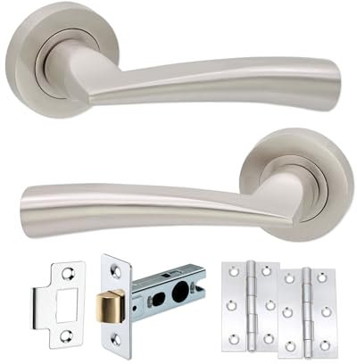 Infinity Decor Pair of Loyal Lever on Round Rose Satin Nickel Door Pull Handles with Tubular Latch and Hinges Set for Interior & Exterior Use