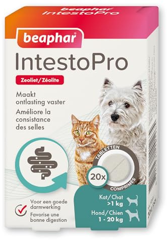 BEAPHAR – IntestoPro – Comprimés pour améliorer la consistance des selles – Favorise la Digestion – Ingrédient Actif d'origine Naturelle - pour Chats et Petits Chiens (1 – 20 kg) - 20 comprimés