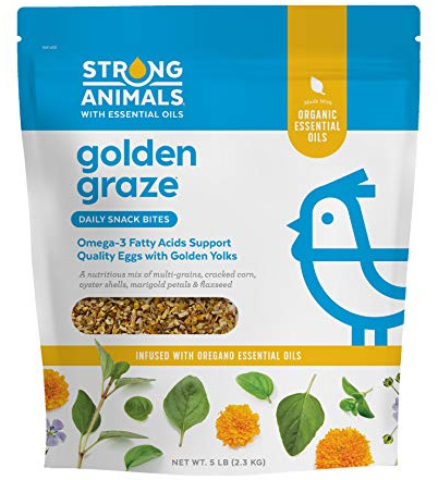 Strong Animals Golden Graze Chicken Treats for Laying Hens, 5 lb Daily Chicken Bites, Oregano Essential Oil, Flaxseed Omega-3, Oyster Shell Calcium, Marigold Petals for Golden Yolks, Resealable Pouch