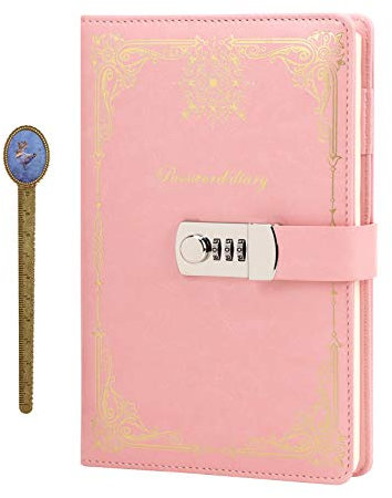 PU Leather Vintage Journal Writing Notebook Password Lockable Notebook Daily Notepad with Combination Lock and Pen Holder, A5 Size Lined Password Diary Personal Travel Journal Retro Red
