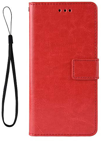 MingMing Lederhülle für LG Q7 Hülle, Flip Case Schutzhülle Handy mit Kartenfach Stand und Magnet Funktion als Brieftasche, Cover für LG Q7, Rot