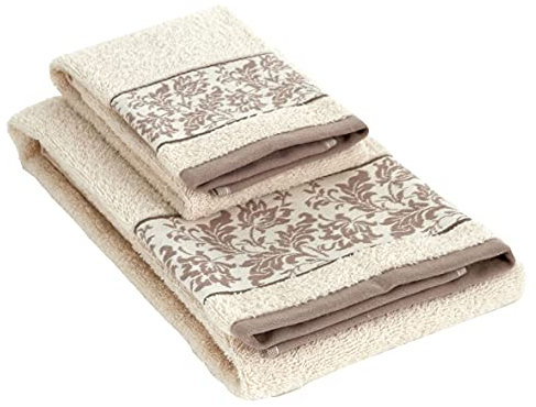 Baroni Home Set 2 Asciugamani Viso e Ospite, 100% Cotone, Asciugamani Bagno, Misure 50x100 e 40x50, Balze Damascate Crema
