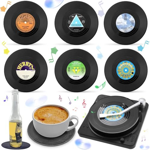 Liekadijiae 6 Stück Vinyl Schallplatten Untersetzer, rutschfest isoliert Tasse Matte, Retro Vinyl-Schallplatten Matten, Retro-Untersetzer für Getränke, rutschfeste Untersetzer mit Halter
