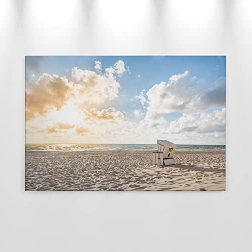 awallo Leinwandbild Strand Wolken Strandkorb Weiß Blau Gelb 90x60cm