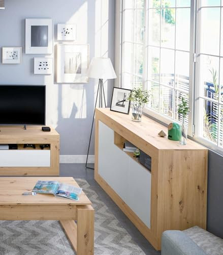 Dmora Credenza Thornton, Armadio da Salotto, Buffet da Soggiorno con Scomparti, Mobile Porta TV, Madia Moderna a 3 Ante, 144x42h87 cm, Rovere Nodi e Bianco