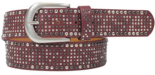 Damengürtel mit Nieten, Strass-Nieten-Besatz, Synthetikgürtel im Vintage-Style, Breite ca. 3,8 cm (Weinrot; BW95cm - Gesamtlänge 110cm)