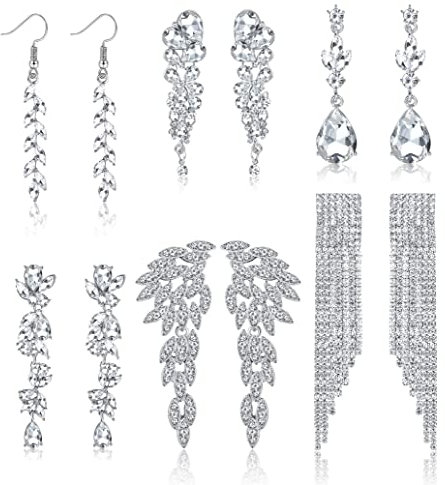 JeweBella 6 Paare Kristall Hochzeit Ohrringe Hängend Silber für Damen Große Hängende Ohrringe Lange Kristall Quaste Ohrringe Perlen Ohrringe Lang Hängend Hochzeit Braut Strass Ohrringe Modeschmuck