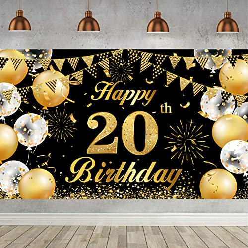20. Geburtstag Banner Schwarz-Gold, Mnner Banner zum 20. Geburtstag, Hintergrundbanner fr 20 Jahre Party Dekoration