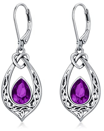 Keltischer Knoten Purpurrot Ohrringe 925 Sterling Silber Irischen Leverback Ohrhänger mit Kristall