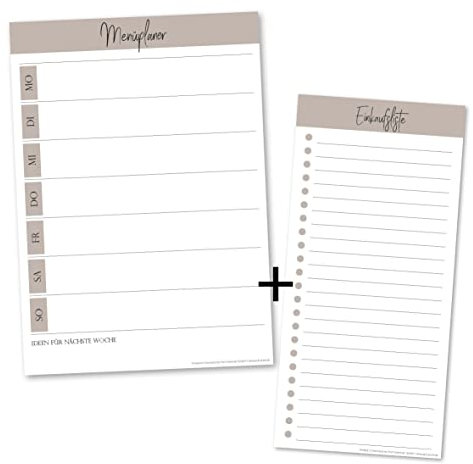 PuK Menüplaner & Einkaufsliste | je 50 Blatt zum Abreißen | wahlweise magnetisch | Blöcke im Set Essensplaner A5 + Einkaufsliste DIN lang | Schlichte Planer | Notizblock, Organizer