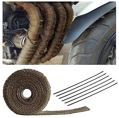 CGEAMDY Nastro Termico Isolante in Fibra di Vetro, 10M * 5CM Banda Collettori con 6 Fascette Acciaio Inox, Benda Termica Scarico per Marmitte, Tubi di Scarico Vano Motore, Auto e Moto(Oro)