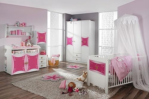 Babyzimmer Kate in Weiß- Rosa von Rauch Möbel 7 teiliges mit Schrank, Bett mit Lattenrost und Umbauseiten, Wickelkommode und Regalen …