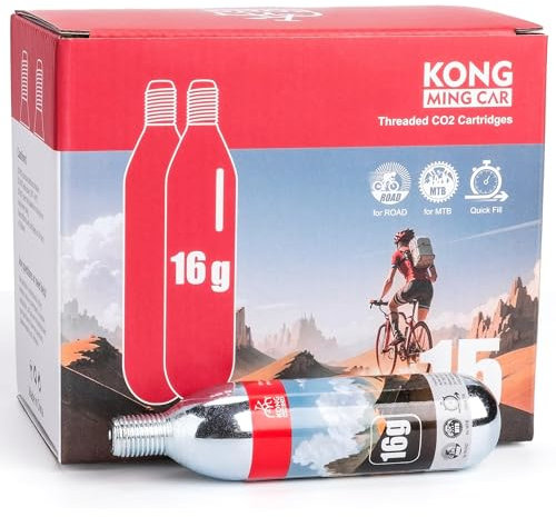 KONG MING CAR CO2 Kartuschen mit Gewinde, 16 g/25 g CO2 Kartuschen mit Gewindeanschluss für alle CO2 Fahrradreifenfüller, CO2 Pumpe für Rennräder und Mountainbikes (16g x 15 Pack)