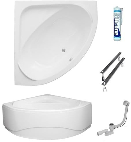 ECOLAM Baignoire d'angle acrylique symétrique Standard Polimat 140x140cm | pieds siphon + silicone | tablier en acrylique blanc