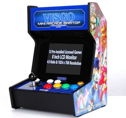 Unico VISCO Mini Arcade Bar Top mit Extra Gamepad, Arcade-Automat für zu Hause, kleine Spielkonsole, Vorinstallierten 12 VISCO lizenzierten Retro-Spielen, 8-Zoll-Bildschirm, HDMI Output Unterstützung