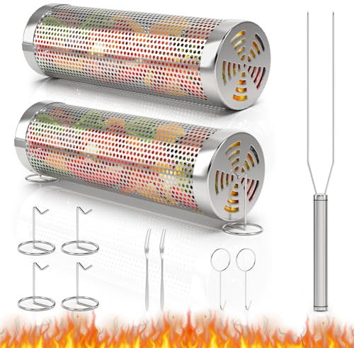 iHomara 2 cestas de parrilla rodantes, jaula portátil para asar con tenedor, accesorios de barbacoa para asar al aire libre, para carne, pescado, verduras, acero inoxidable, cesta de regalo para
