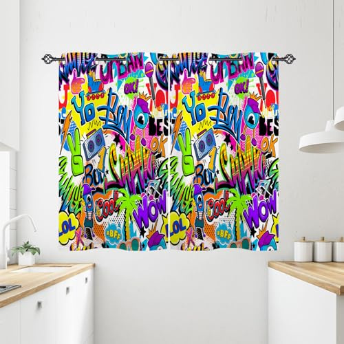 ANHOPE Graffiti Monster Musik Comic Vorhänge mit Ösen Blickdichte Gardinen Blackout Curtain Thermo Vorhang Kinder Jungen Mädchen Schlafzimmer Wohnzimmer Verdunklungsvorhänge 2er Set H 138 x B 71 cm