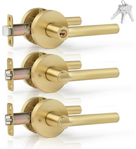 Gaurqiah Türgriffe innen, gebürstetes Gold, Türgriffe mit Schloss und Schlüssel, strapazierfähig, rund, goldfarben, für Schlafzimmer, Badezimmer, Schrank, satiniertes Messing, 3 Stück