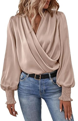 Generic Womens Satin Silk Blouses Elegant Casual Long Sleeve Sexy Deep V Neck Evening Party Wrap Tops Flattering Blouses Boho Shirts for Women 2024 Beige
