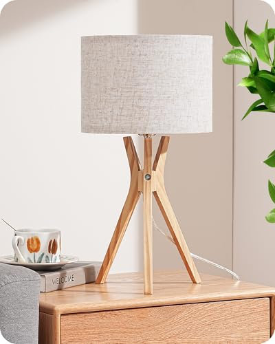 EDISHINE Modern Bedside Lamp, 46cm Tripod Wood Table Lamp, Linen Lampshade, for Living Room, Bedroom, LED Bulb Included, E27 Socket, Beige