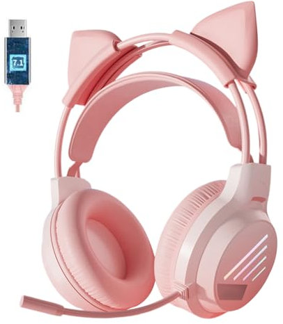 fesoklaf Niedliche Gaming-Kopfhörer mit Mikrofon, RGB-Headset mit Geräuschunterdrückung, Over-Ear-Kopfhörer mit abnehmbaren Katzenohren für Gamer/Streamer/Cosplay (Pink – 7.1-Kanal-USB)