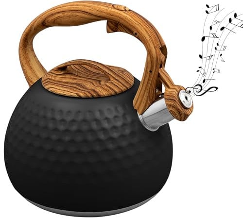 Tea Kettle for Stove Top,3L Stainless Steel Kitchen Teapot with Wood Grain Handle,Whistling Water Kettle for Induction, Cooker,Gas Electric Hobs (Black)