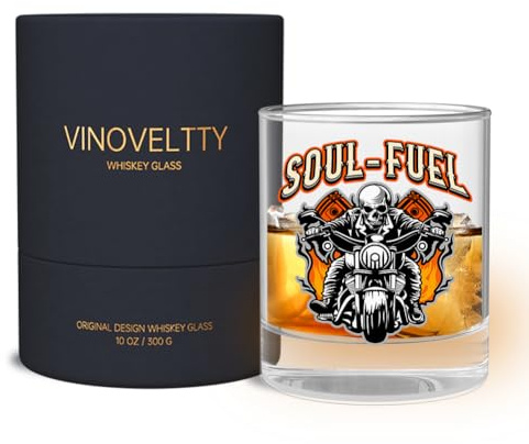 Vinoveltty Skull Whiskey Glasses, Motorcycle Skull Gifts for Men, Women and Dads, Father's Day, Christmas, Birthday for Men, Bourbon Glass (300ml)