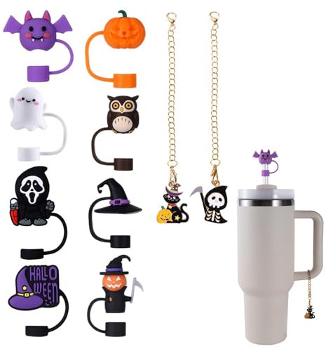 TELAIN Cubiertas de pajita de Halloween, 8 piezas de fundas de silicona reutilizables para pajitas Stanley, 2 piezas Stanley Cup Accesorios para vaso Stanley 30 y 40 Oz