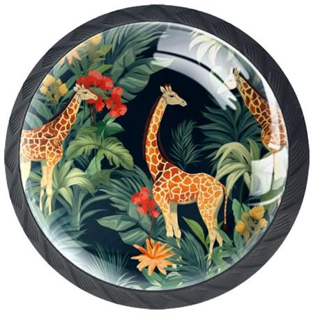 Anna Cowper 4 Pack Black Drawer Knobs, Jungle Giraffes Cabinet Knobs Round Glass Knobs for Kitchen Cabinet Hardware Bathroom 35MM