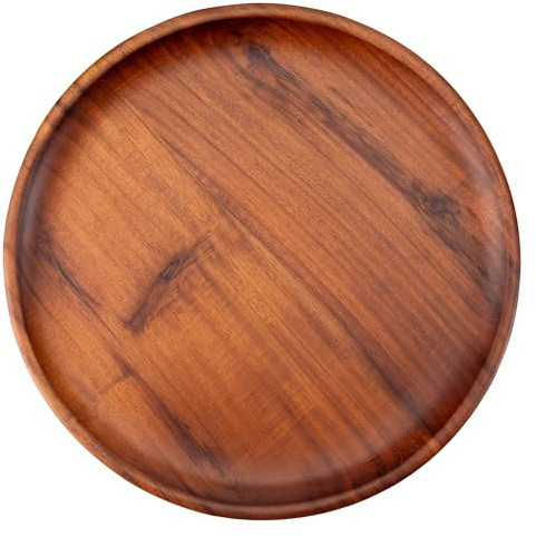 Decorasian Holzteller rund – Großer Akazienholz Teller, feines Holzgeschirr – Flacher Platzteller aus Holz, ideal als Dekoteller und zum Servieren - 2 Stück braun 27cm