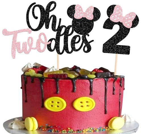 Xsstarmi 2 Pack Pink Bow Mini Second Birthday Cake Topper, Mouse Two Oldes Cake Pick for Baby Shower Kids Birthday Party Decorations Black Pink