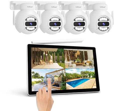 SriHome PTZ Überwachungskamera NVS Kabelloses Set mit 10,1 Zoll LCD-Bildschirm, einschließlich Kameras 4 x 5 MP und 500 G Festplatte, Bewegungsverfolgung, Nachtsicht (NVR Kit mit LCD-Touchscreen)