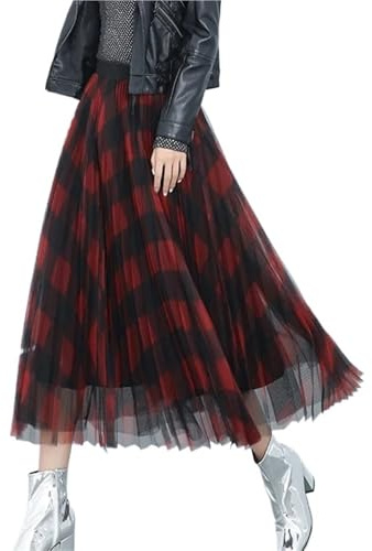 JTKSSCS Tüllrock Damen Winter Vintage Plaid Pleated Maxi Long Tulle Skirts Elegant Red Green Check Tartan A-line Ankle Long Mesh Skirts(Black red)