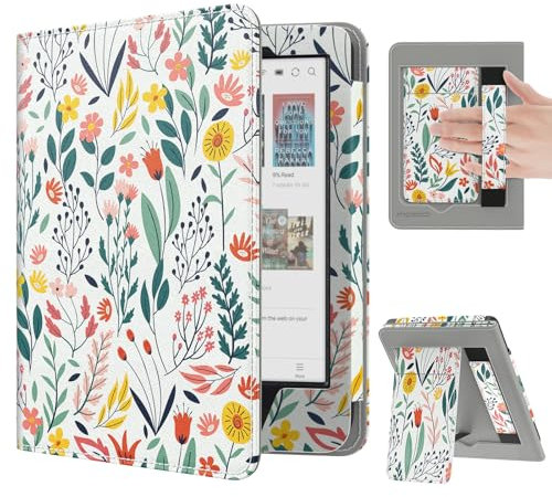 MoKo Housse pour 6 Kobo Clara BW/Clara Colour/Clara 2E,Coque Mince en PU Housse Protectrice avec Auto-Wake/Sleep pour Kobo Clara, Fente pour Carte, Lanière pour la Main et Support Pliable, Fleur