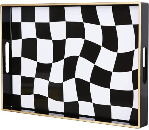 Simmer Stone Decorative Tray, Marbling Plastic With Handles, Rectangular Vanity And Serving For Bathroom, Kitchen, Ottoman And Coffee Table, 15.6” x 10.2” (Twisted checker white black)