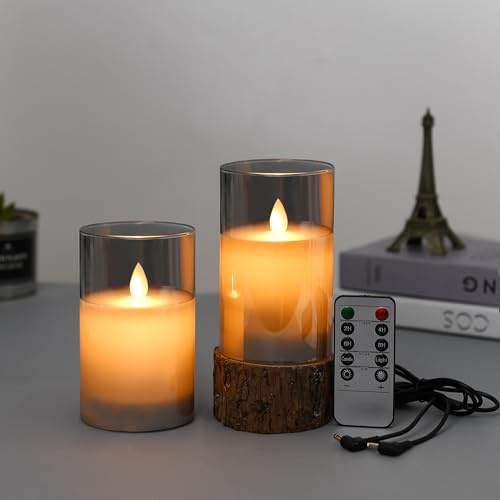 Lonkenn 2 pezzi Candele LED Ricaricabili, Fiamma Tremolante Candela LED con Grigio Vetro, Ricaricabili Candela con Telecomando e Timer per Natale Feste Decorazione Casa Matrimonio -10cm