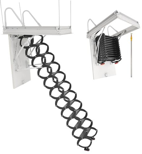 VEVOR Escalera de Ático, Carga 299,4 kg, para Techos de 2,6 a 2,9 m de Altura y Abertura 100 x 69 cm, de Acero Aleación, Retráctil y Abatible con Barra de Tracción para Techos de Áticos y Lofts